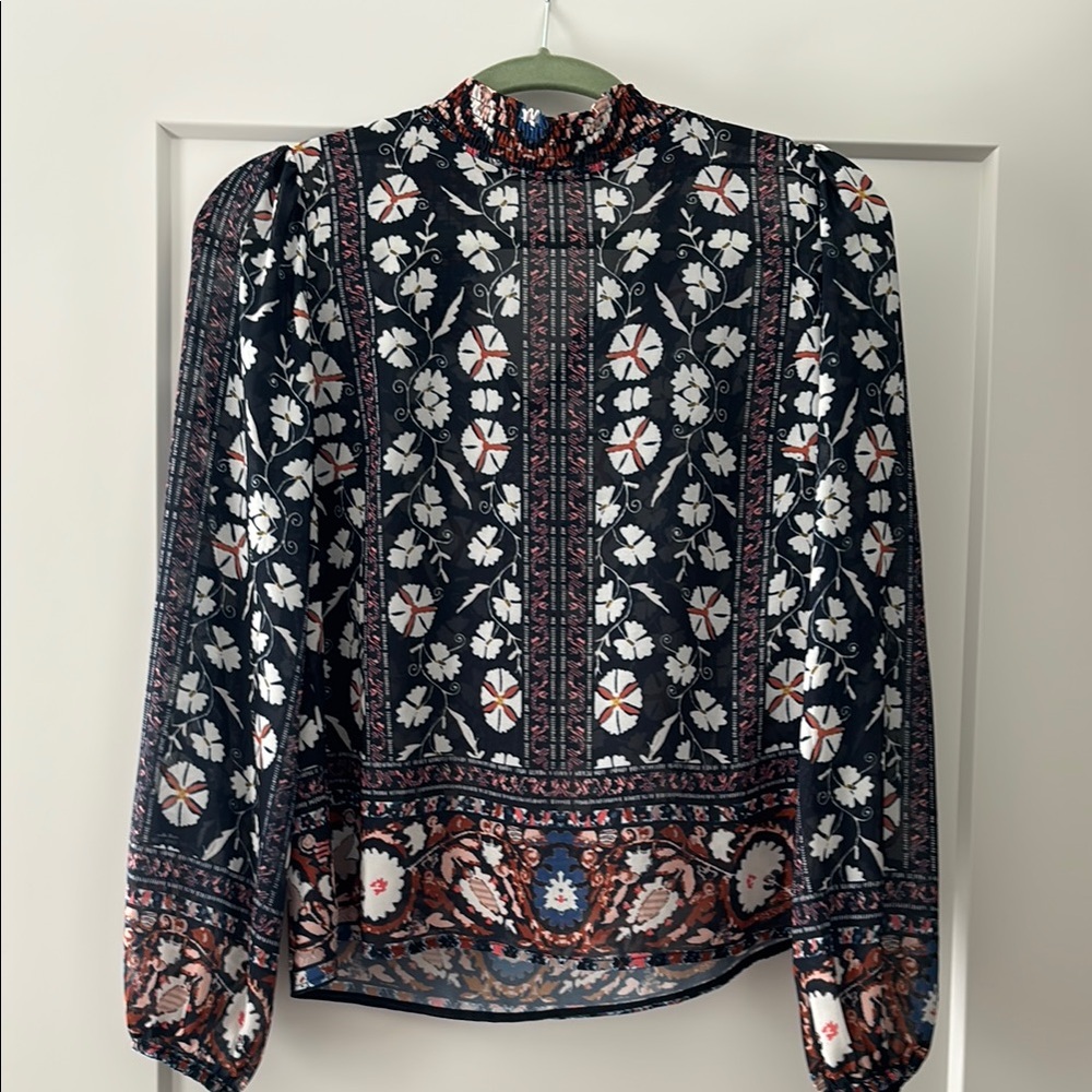Jealous Tomato Boho Navy, White and Pink Puff Sleeve Sheer Blouse